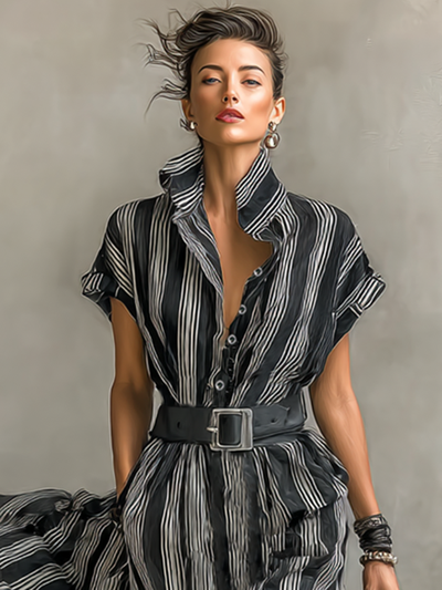 Φόρεμα Maxy Chiffon με Ριγέ Εκτύπωση, Για Γυναίκες, Με Κολάρο και Κοντά Μανίκια