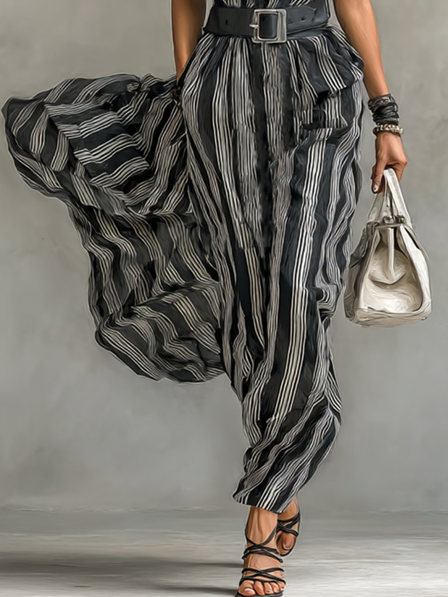 Φόρεμα Maxy Chiffon με Ριγέ Εκτύπωση, Για Γυναίκες, Με Κολάρο και Κοντά Μανίκια