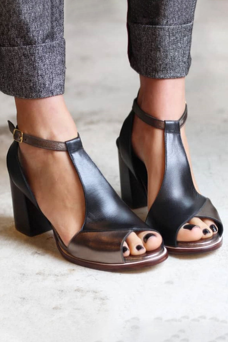 Νταρία | Μαύρες patchwork peep toe πέδιλες με τακούνι