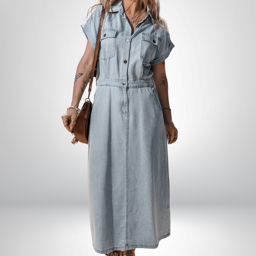 Sofia® | Κομψό Denim Φόρεμα με Κοντά Μανίκια και Μπατζανάκια