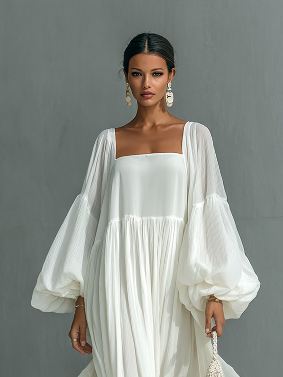 Φόρεμα Maxy Πλισέ με Μανίκια Φαναριού και Γιακά