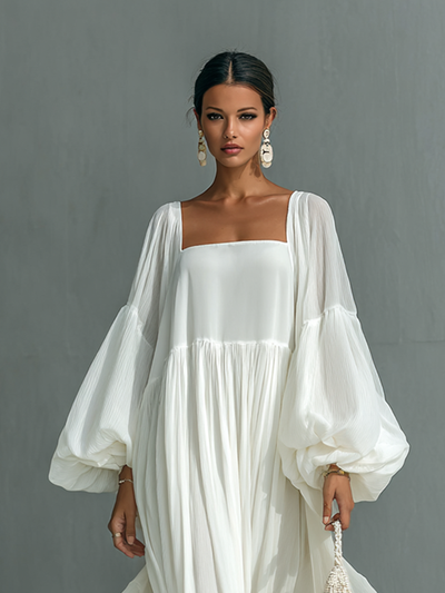 Φόρεμα Maxy Πλισέ με Μανίκια Φαναριού και Γιακά