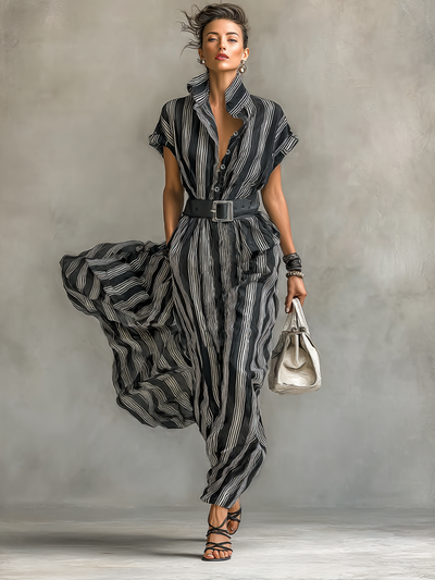 Φόρεμα Maxy Chiffon με Ριγέ Εκτύπωση, Για Γυναίκες, Με Κολάρο και Κοντά Μανίκια