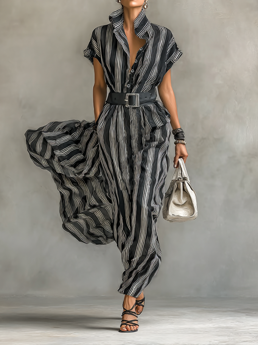 Φόρεμα Maxy Chiffon με Ριγέ Εκτύπωση, Για Γυναίκες, Με Κολάρο και Κοντά Μανίκια