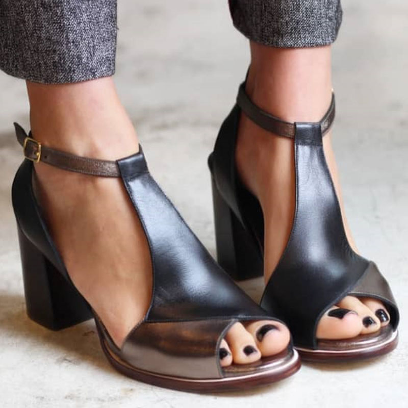 Νταρία | Μαύρες patchwork peep toe πέδιλες με τακούνι