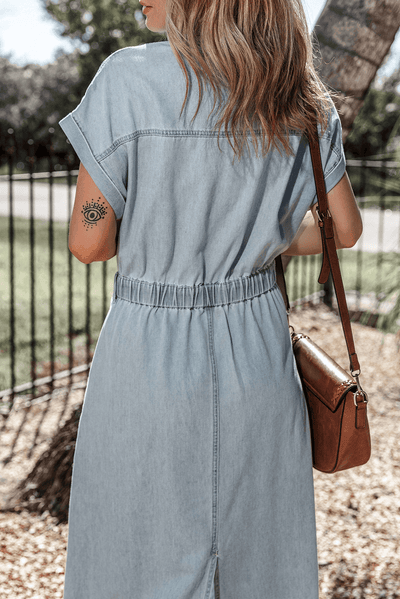 Sofia® | Κομψό Denim Φόρεμα με Κοντά Μανίκια και Μπατζανάκια