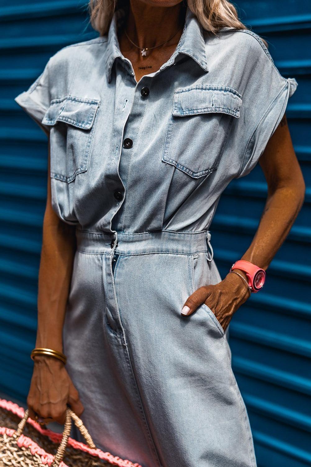 Sofia® | Κομψό Denim Φόρεμα με Κοντά Μανίκια και Μπατζανάκια