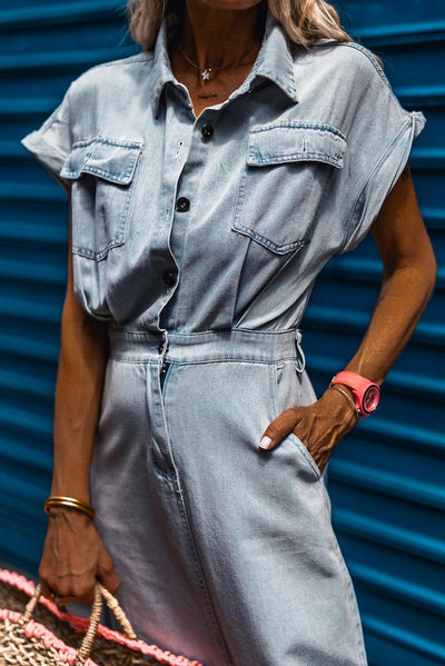 Sofia® | Κομψό Denim Φόρεμα με Κοντά Μανίκια και Μπατζανάκια